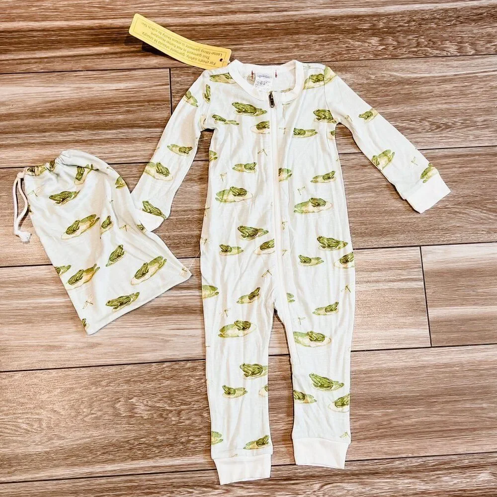 NWT! Milkbarn Frog Lily Pad Leapfrog Bamboo Zipper Footless Pajama with Satchel